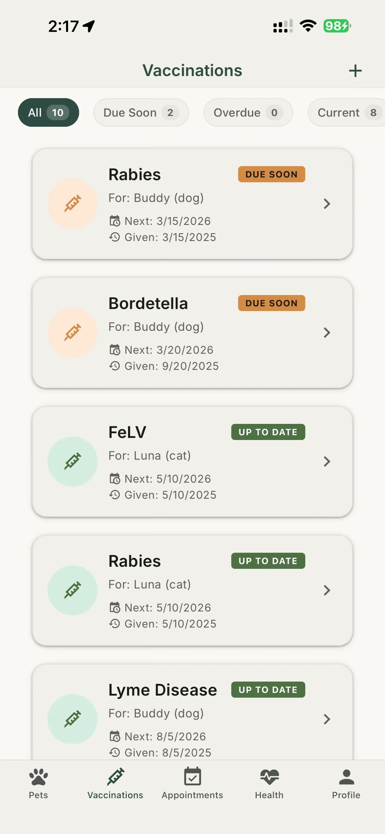Vaccination tracking screen