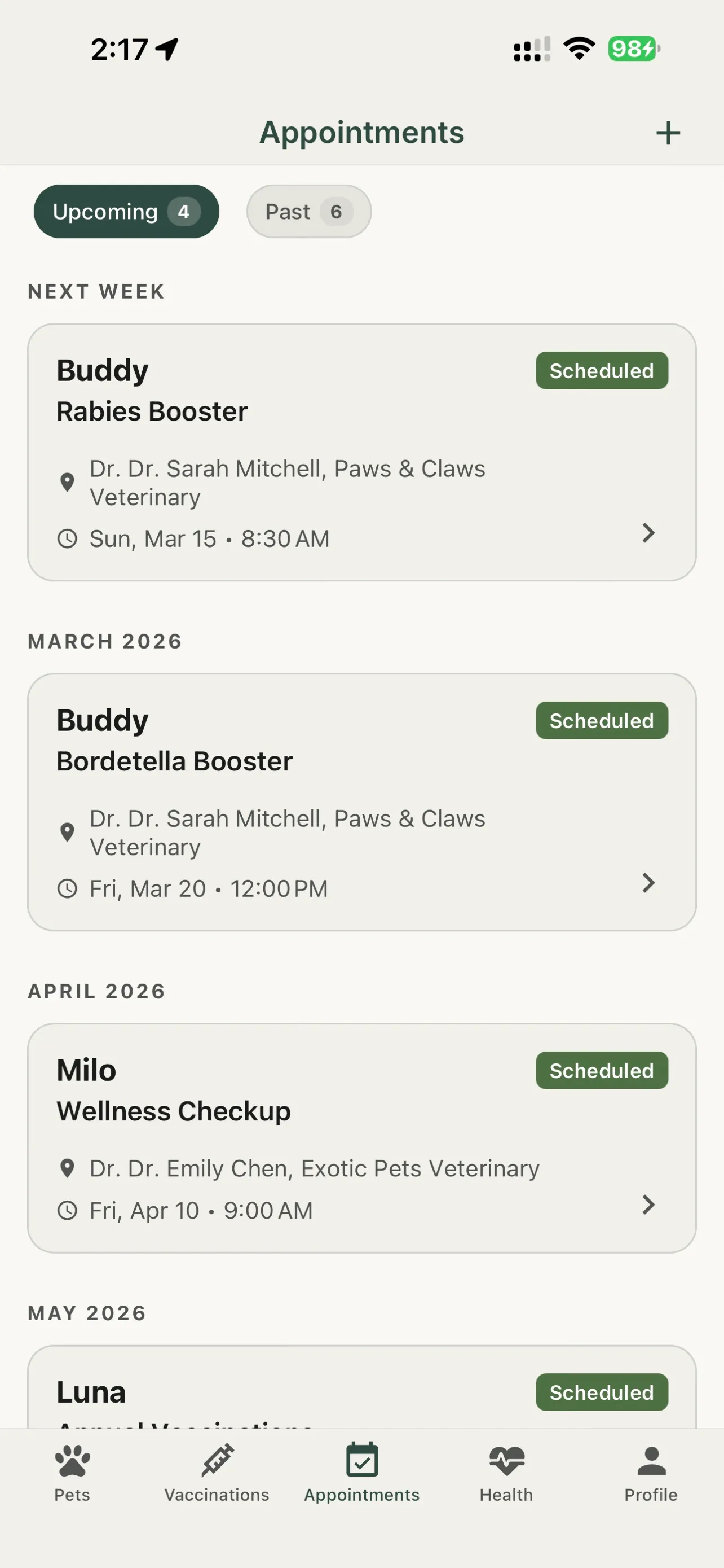 Health journal screen